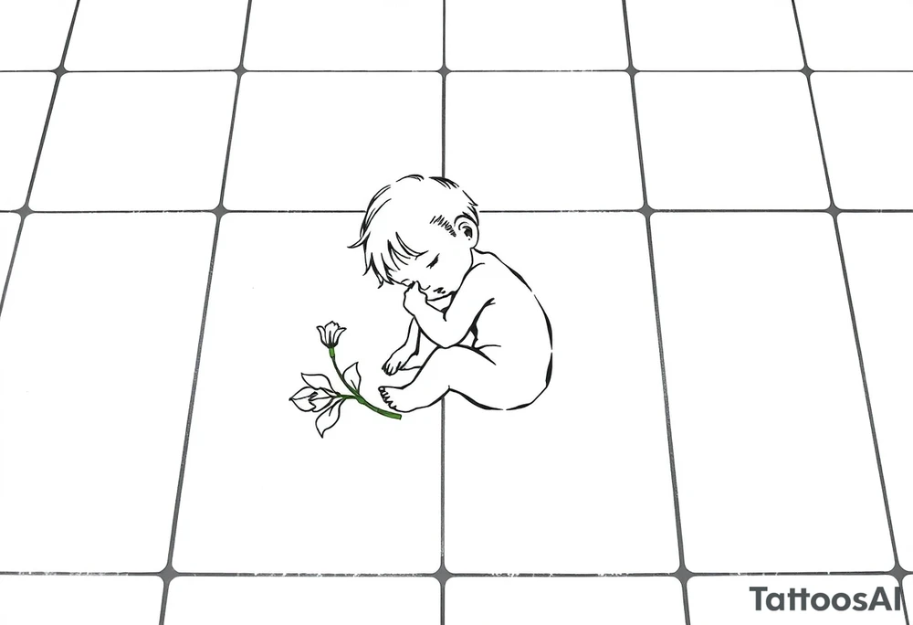 A simple tile floor with a minimalist outline of a curled up child sitting on the floor with a lily next to her tattoo idea