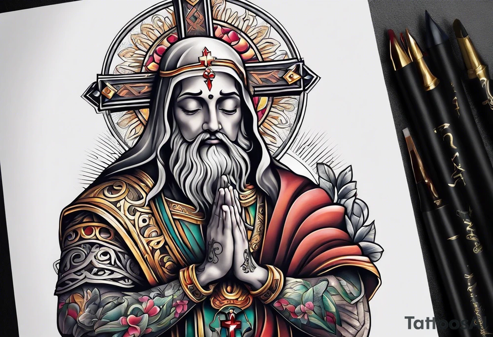Cross with praying hands tattoo idea