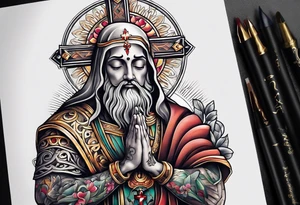 Cross with praying hands tattoo idea
