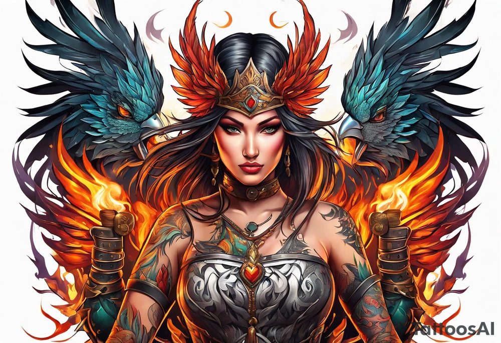 female phoenix scarred warrior with weapons burning tattoo idea