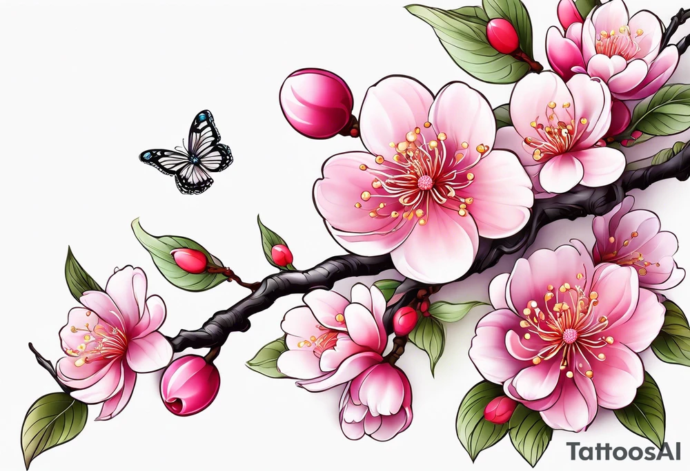 Vibrant, pink plum blossom branches with butterflies tattoo idea