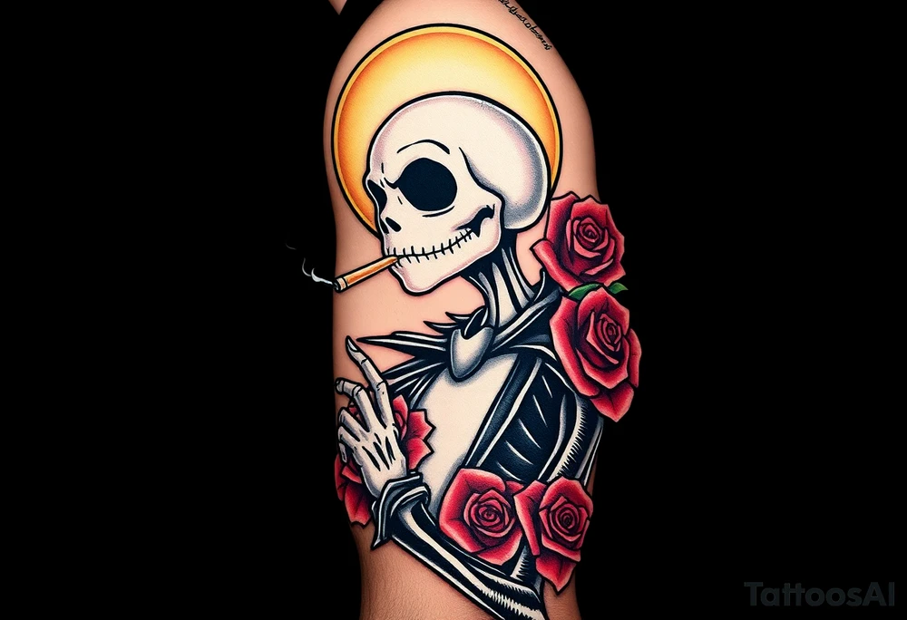 jack skellington smoking a blunt, with a halo over head, roses, jackolanters tattoo idea