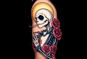 jack skellington smoking a blunt, with a halo over head, roses, jackolanters tattoo idea