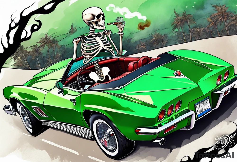 Skeleton smoking a cigarette driving a green 1976 convertible Corvette tattoo idea