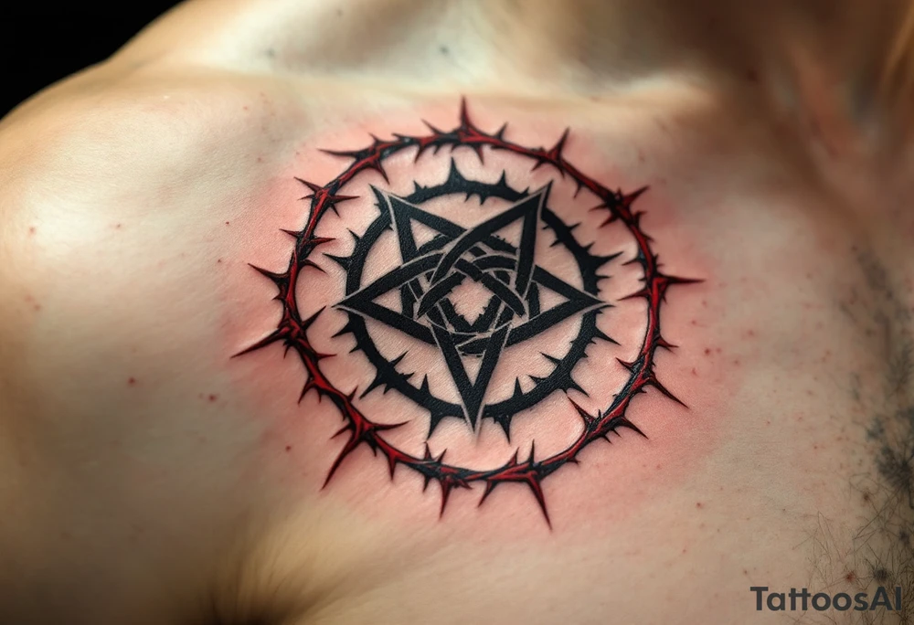 A black protective sigil on parchment-toned skin, encased in a circle of red thorns. tattoo idea