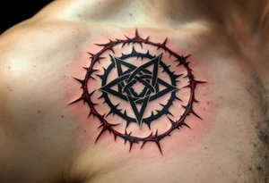 A black protective sigil on parchment-toned skin, encased in a circle of red thorns. tattoo idea