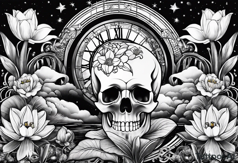 sleeve tattoo including science, skulls, roller coaster track, space and stars, water lily, daffodil, lily of the valley tattoo idea
