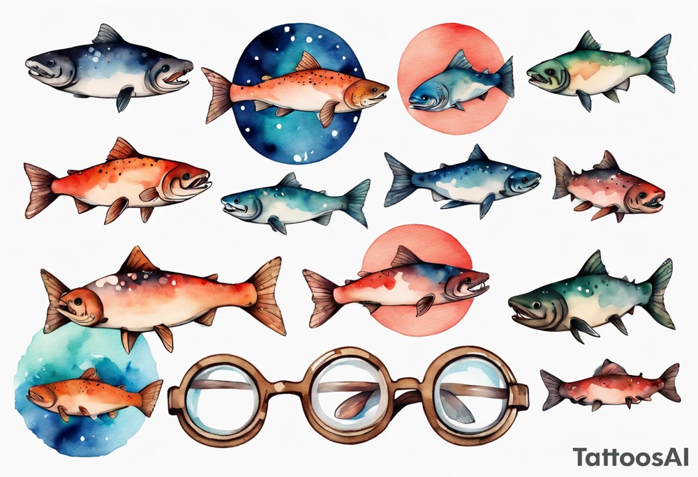 a salmon wearing round glasses tattoo idea