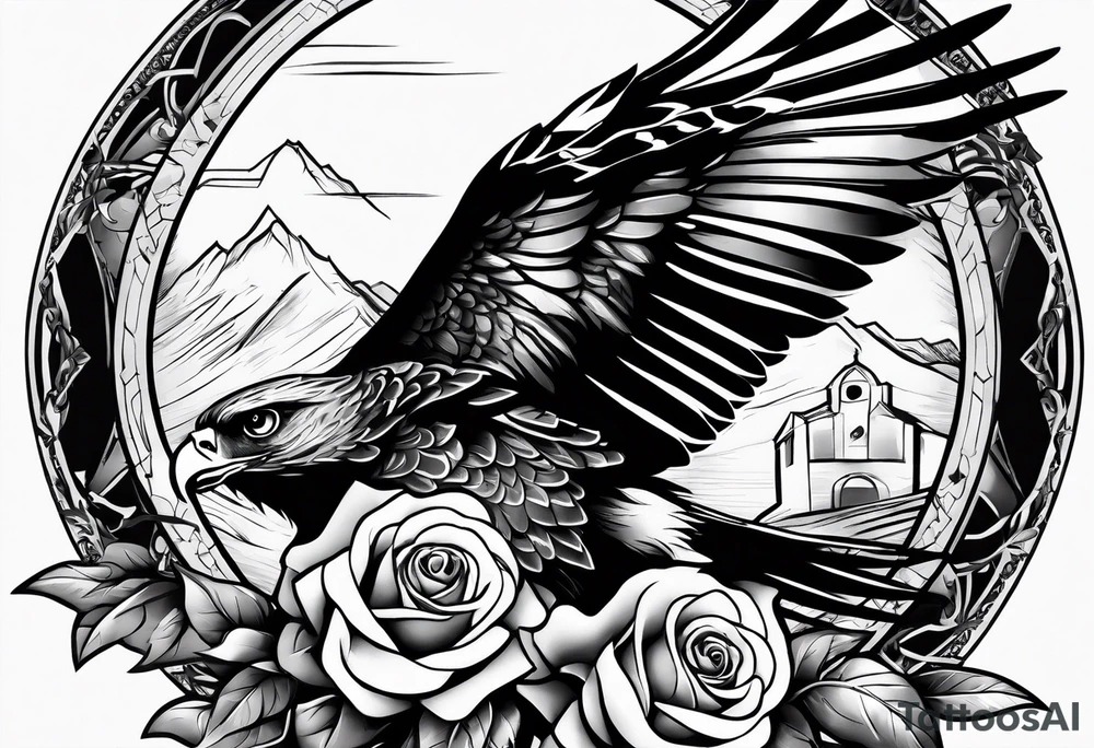 Hawk with rose in beak flying down tattoo idea