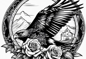 Hawk with rose in beak flying down tattoo idea