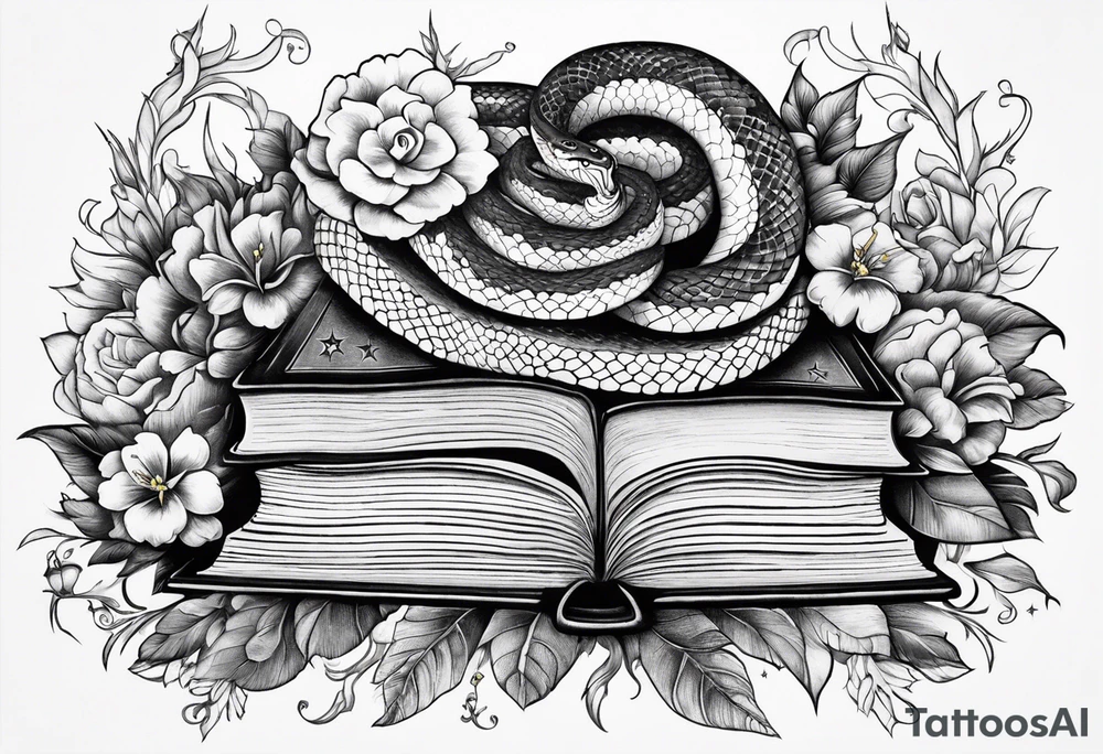 snake, books, stars and poisonous flowers tattoo idea