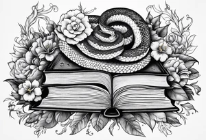 snake, books, stars and poisonous flowers tattoo idea