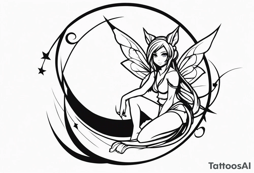No color sketch of a fairy with a tail inspired by the guild symbol in the anime show called Fairy Tail in a fetal position leaning in and forward while crawled in tattoo idea