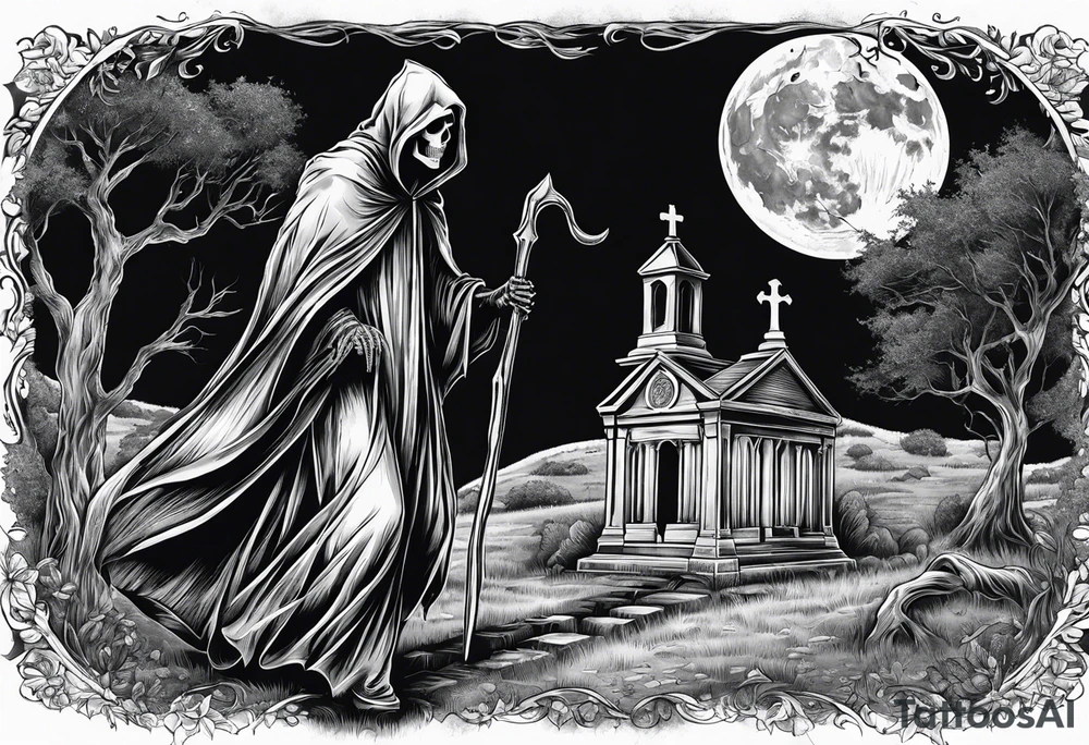 Grim reaper walking through an old cemetery with a full moon tattoo idea Grim reaper walking through an old cemetery with a full moon tattoo idea