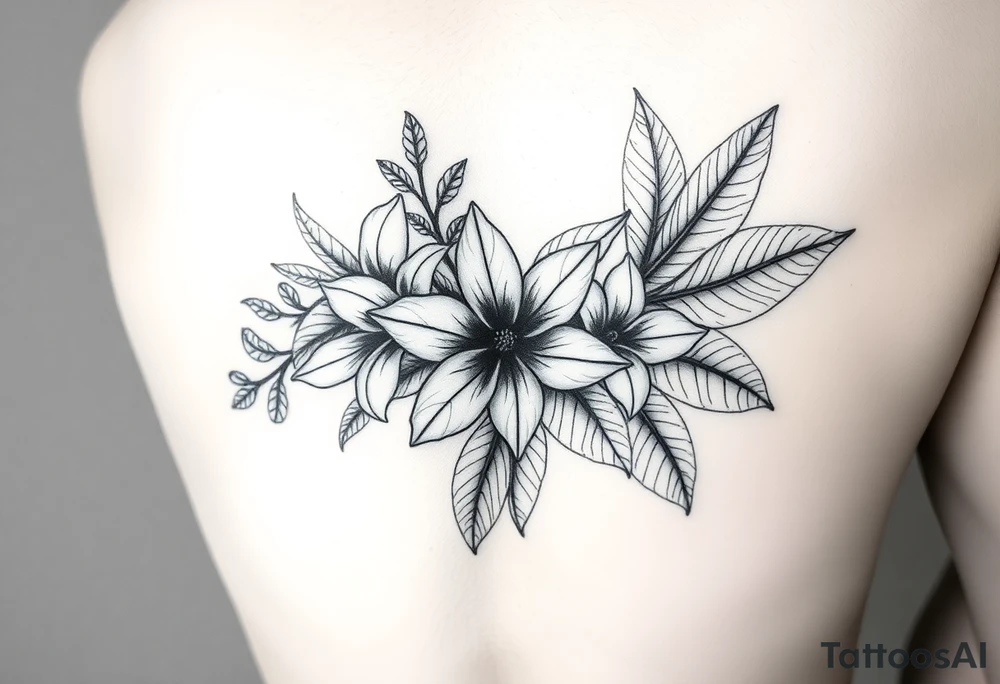 Beautiful, feminine, complex, detailed shading and cohesive mixture of the following: sampugita flowers, anahaw leaves (Livistona rotundifolia), ylang ylang, tropical foliage for a hand tattoo tattoo idea