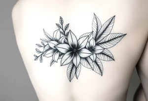 Beautiful, feminine, complex, detailed shading and cohesive mixture of the following: sampugita flowers, anahaw leaves (Livistona rotundifolia), ylang ylang, tropical foliage for a hand tattoo tattoo idea