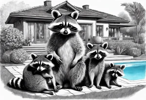 Raccoon Family in Front of her New villa with Pool.
The Husband hast Tools in His Hands.
The wife holds a cake.
The Childs plays with a ball tattoo idea