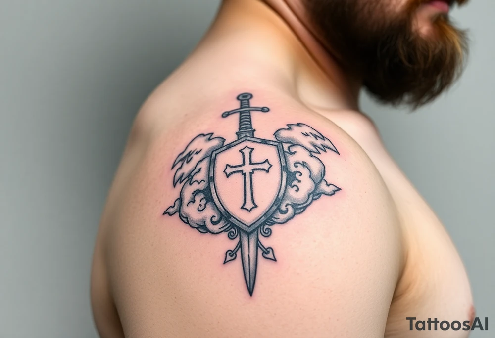 Half sleeve. King Alfred the great, sword, clouds, shield, cross tattoo idea