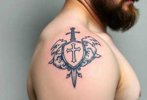 Half sleeve. King Alfred the great, sword, clouds, shield, cross tattoo idea