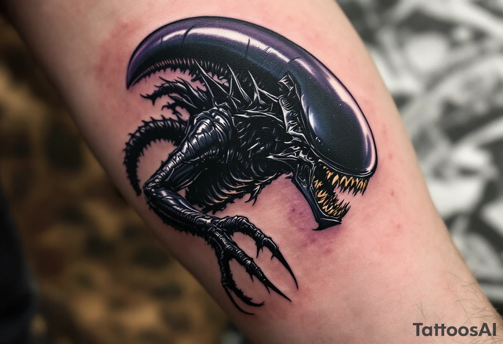 A realistic Xenomorph in mid-pounce, its glossy black body and sharp claws contrasted with subtle, deep purple highlights under the moonlight. tattoo idea