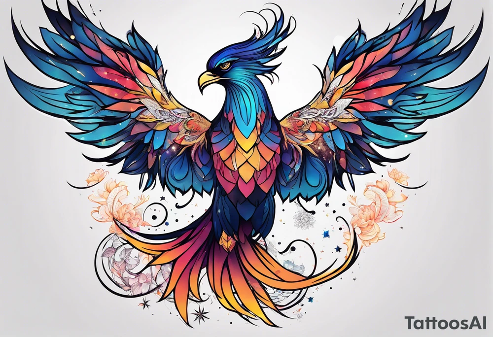 Constellation, animal phoenix , snow , géométric , flower tattoo idea