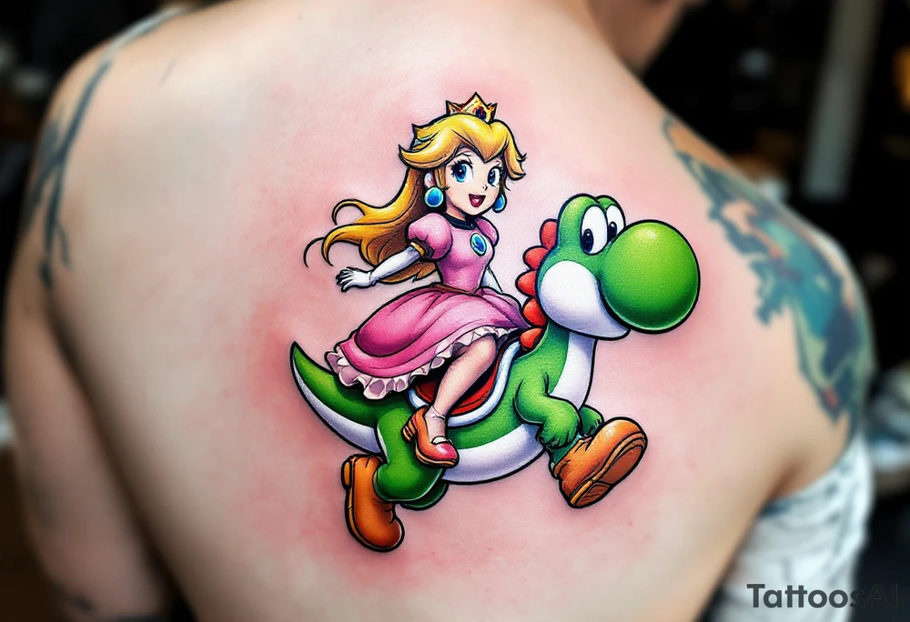 Princess Peach riding Yoshi from Mario Bros with vibrant colors. Make it more like the super Mario bros movie. Her dress should be poofier and covering her legs while he has red saddle with white trim. He should be walking upright. Make him look towards the camera with an open mouth smile tattoo idea