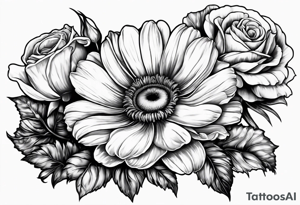 A sleeve of a single daisy and a rose with poppies and gladiolus flowers weaving through the daisy and rose tattoo idea