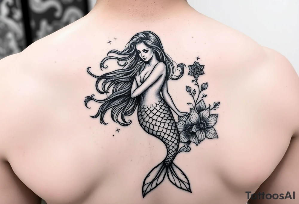 ethereal mermaid with flowing hair among coral and sea flowers tattoo idea