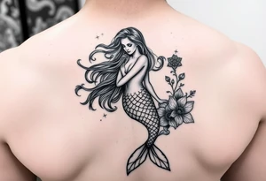 ethereal mermaid with flowing hair among coral and sea flowers tattoo idea