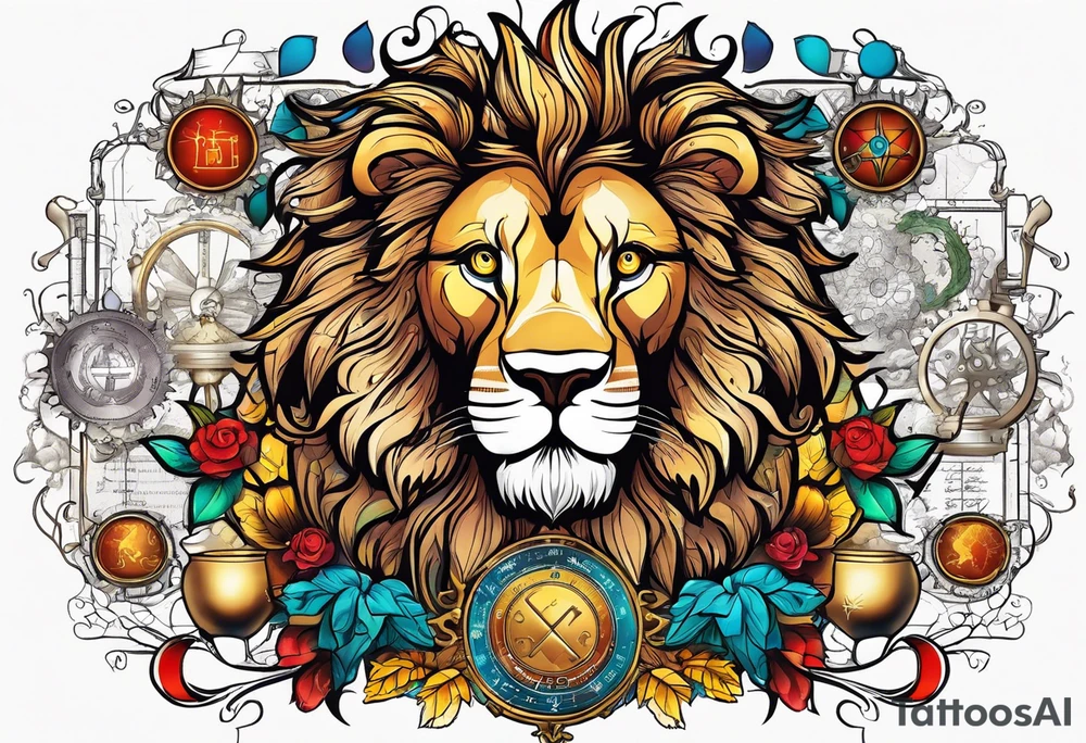 heraldic lion surrounded by scientific formulas tattoo idea