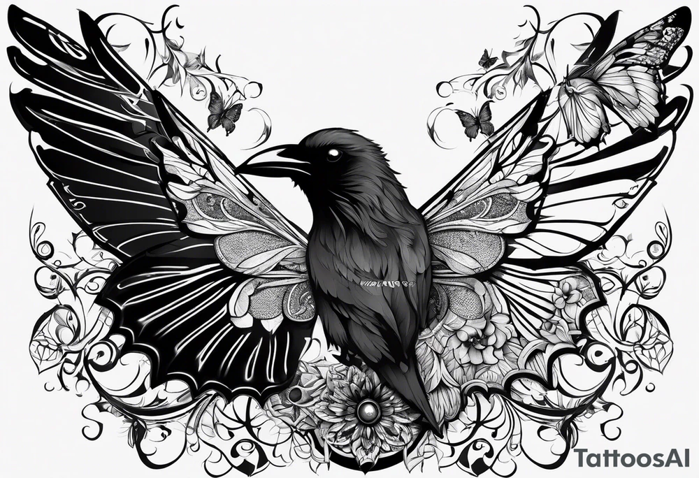 A Butterfly and a Raven, they have the same size tattoo idea