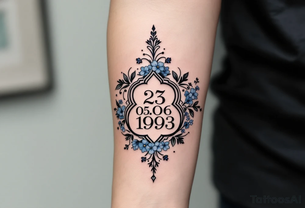 Subtle date 23.03.1993 in fine black linework, wrapped in pastel blue forget-me-nots. tattoo idea