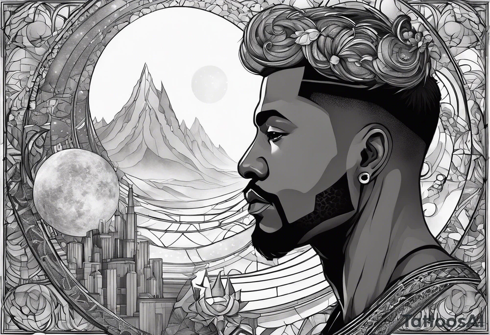 Jehovah looking out at the marvels of his creation from the atoms to the galaxy and celestial beings. With grey wash and a fantasy theme. Jehovah has to be a character who is so majestic, charismatic, immensely powerful. There isnt a single thing he isnt capable of doing. Infinitely powerful forward facing tattoo idea