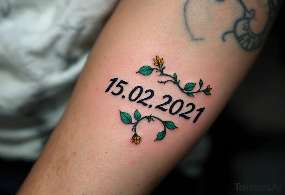 Luky name 15. 02. 2021 – Deep emerald green vine twisting around Lucas's birthdate, with small yellow blooms dotting the numbers. tattoo idea