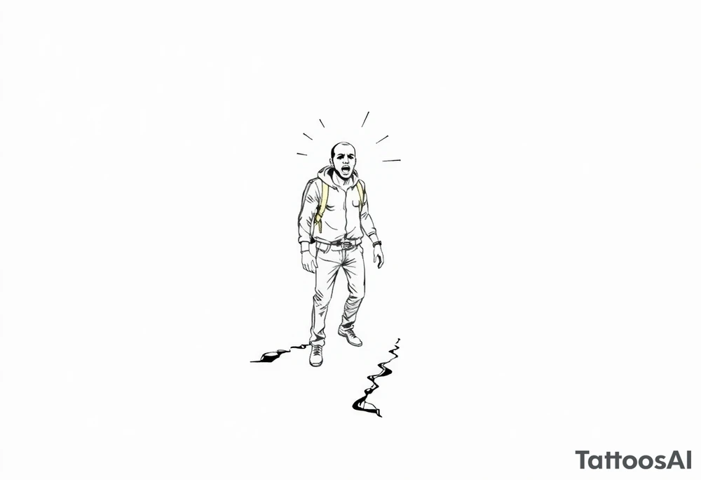 Confusion and pressure in thin lines on screaming solo traveler with no face with his skin ripped left on the path he passed tattoo idea