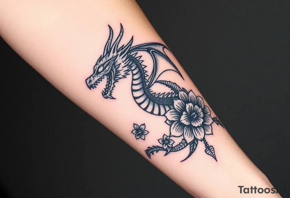 scary dragon with death flowers tattoo idea