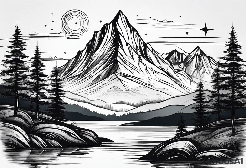Mountain Skyline with one High Peak. Water in Front. Mountain Peak with circle dotted Line. Two Stars. Mountain and water Run Out flat in the side tattoo idea