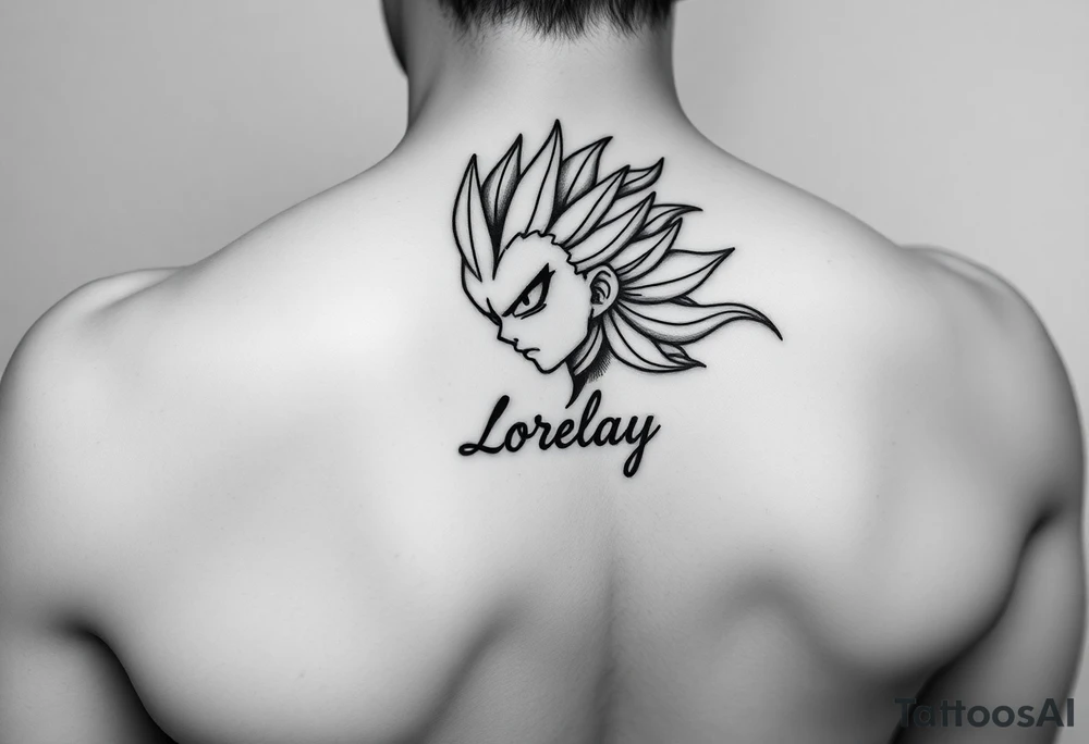 Créame un diseño en miniatura para la parte baja del bicep de un personaje principal chica 
de dragón Ball z con el nombre de lorelay escrito por debajo del diseño tattoo idea
