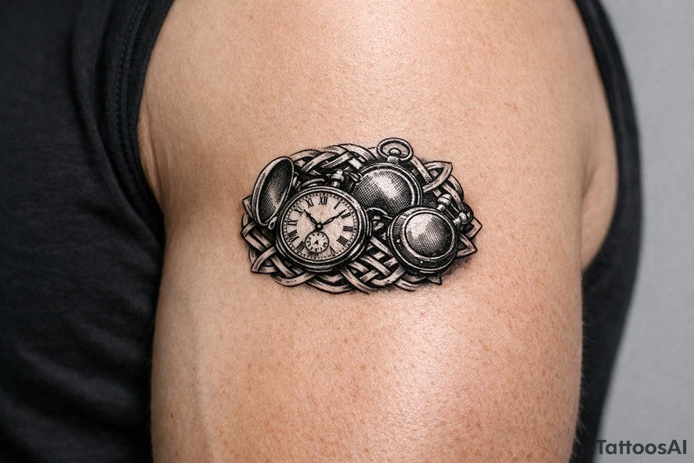 Cluster of vintage pocket watches, some open, some closed, woven with Celtic braids. tattoo idea