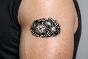 Cluster of vintage pocket watches, some open, some closed, woven with Celtic braids. tattoo idea