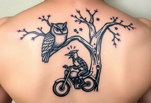 Owl in a tree and woody the woodpecker lovingly looking up at the owl as he rides a harley davidson under the tree tattoo idea