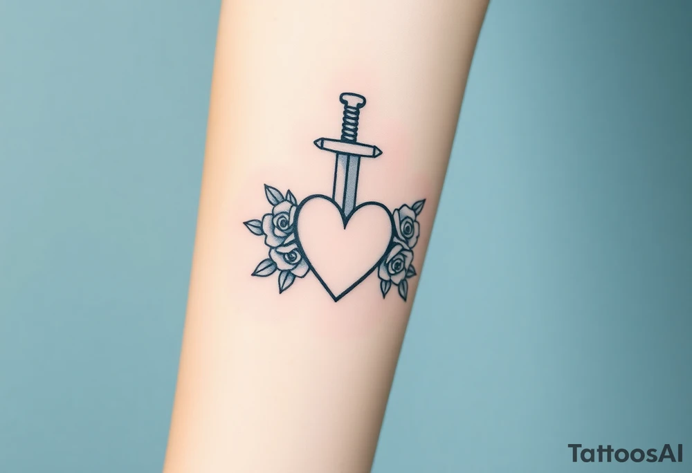 dagger piercing a heart with roses tattoo idea