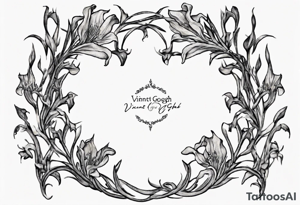 Create a small Vincent van Gogh Irises tattoo, with vines gracefully intertwining at a central point in the middle of the wreath.  The intended placement is on the upper chest. The overall design should be small in size while maintaining a delicate and artistic aesthetic. Pay attention to the graceful flow of the vines and the placement of the irises to achieve a refined and elegant look. tattoo idea