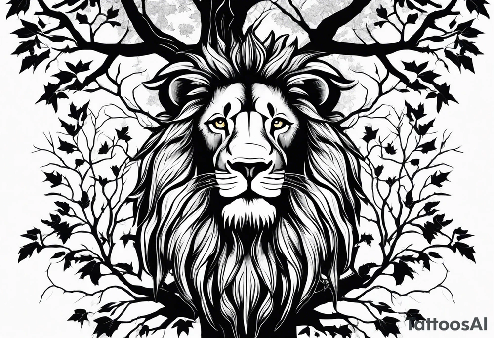 The lion of Judah, which is Jesus Christ, is tied and intertwined within a maple tree. Incorporate a cross as well tattoo idea