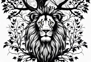 The lion of Judah, which is Jesus Christ, is tied and intertwined within a maple tree. Incorporate a cross as well tattoo idea