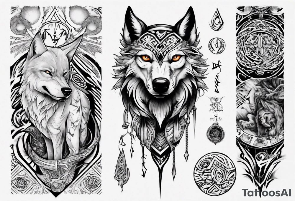 want a half sleeve on my left forearm featuring a howling wolf, surrounded by Māori patterns and Norse symbols tattoo idea