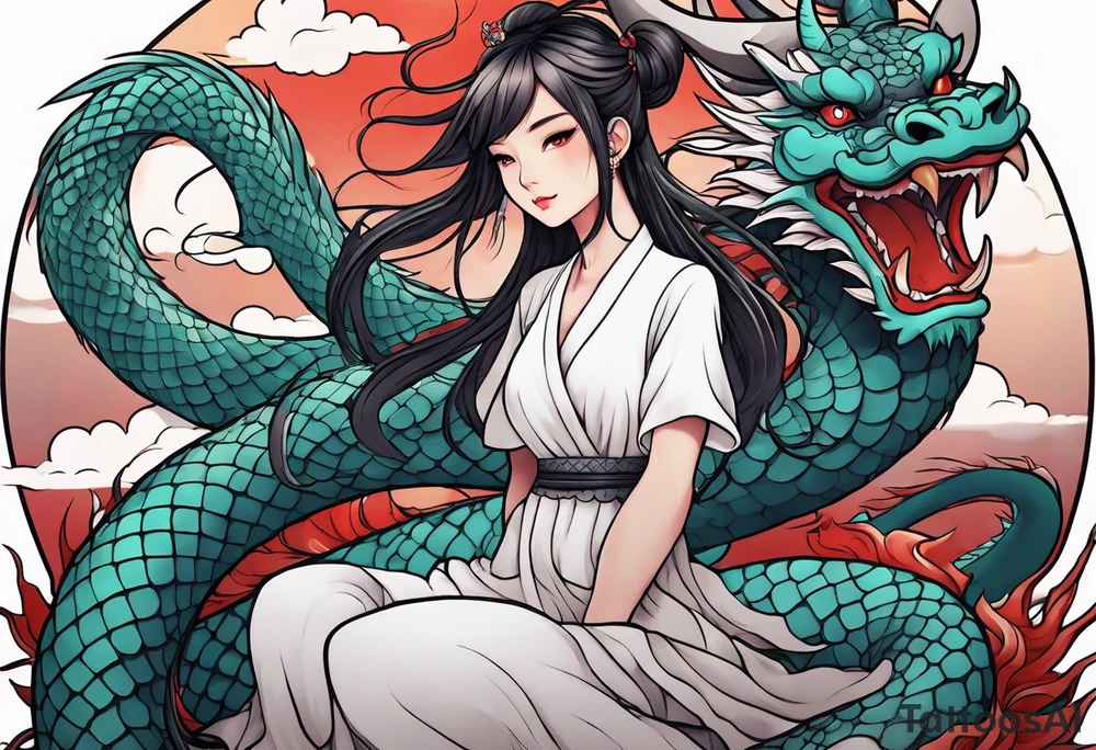 american traditional style, an anime girl sitting on a asian dragon surrounded by cloud tattoo idea