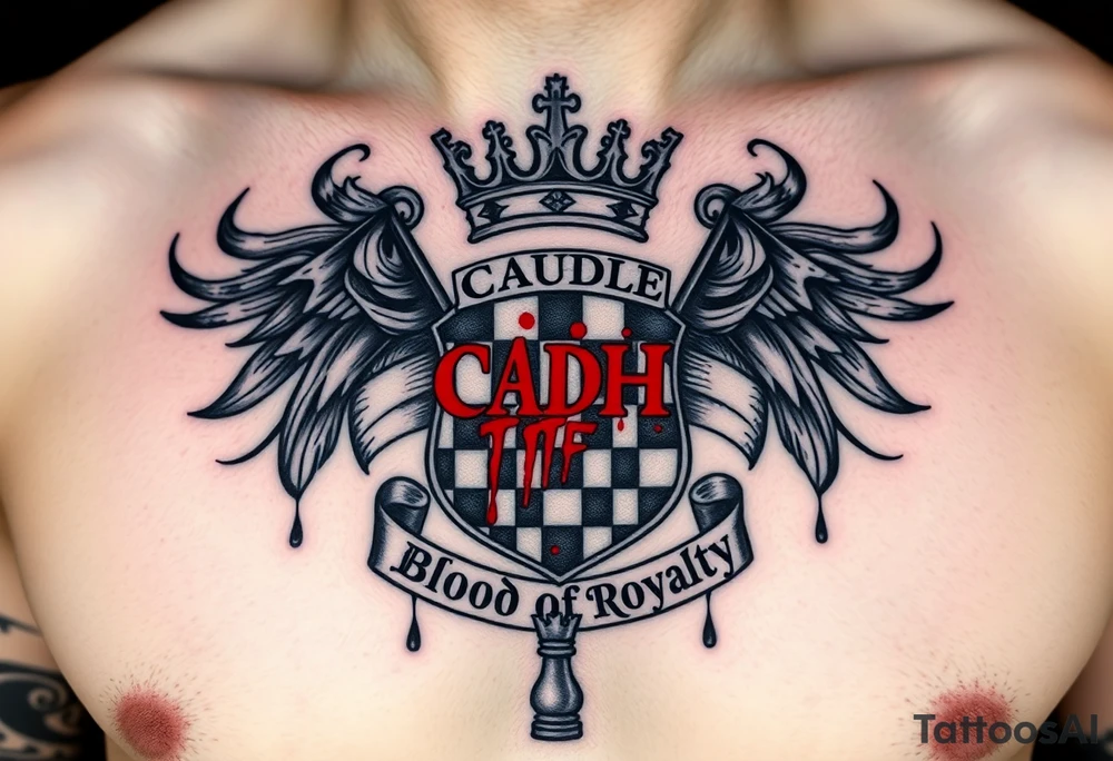Men Crest  with A king crown on top, CAUDLE written inside red, a chessboard, blood splatter on top of two red racing flags & OTF inside, Smoke surrounding the outside of the crest, & The Words The Blood Of Royalty in red underneath the crest & a King chess piece surrounding the outside of the crest, And raining blood drops tattoo idea