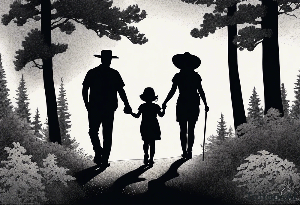 A shadow of a father and wife and young son and young daughter  walking through the Pacific Northwest Forrest. Mexican art. Trust in God tattoo idea