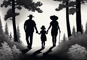 A shadow of a father and wife and young son and young daughter  walking through the Pacific Northwest Forrest. Mexican art. Trust in God tattoo idea
